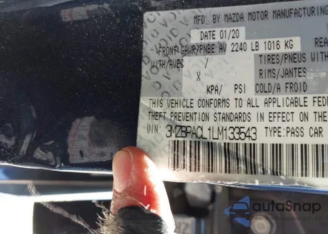 2020 Mazda Mazda3 Select Package z USA, uszkodzony, nr VIN 3MZBPACL1LM133543